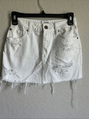 pistola White Distressed Denim Mini Skirt with Frayed Hem